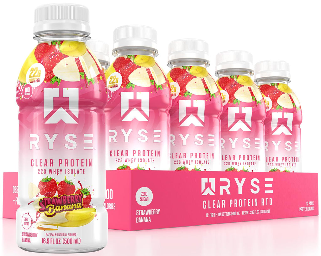 RYSE Clear Whey Isolate Protein Shake Strawberry Banana 100 Calories 22g Protein Sugar Free 0g Fat Lactose Free 16.9 fl oz (12 pack)
